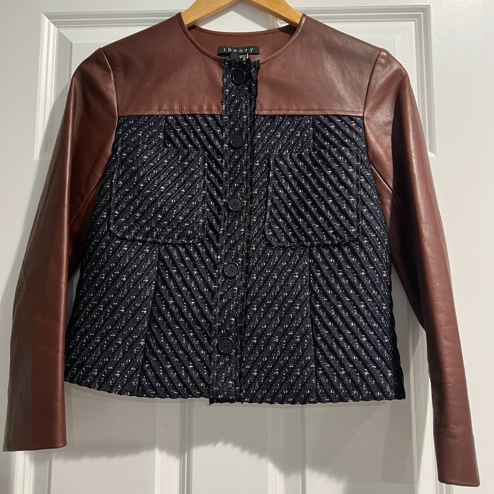 Theory Leather & Fabric Cropped Jacket Size 2